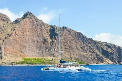 Familie auf einem Katamaran bei der Walbeobachtung vor Madeira